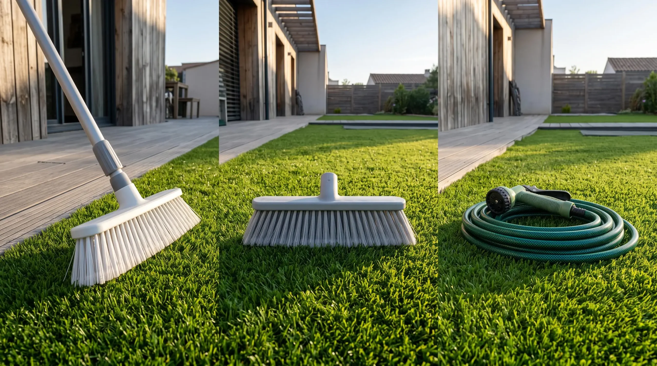 Balai à embouts plastique, brosse souple et tuyau d'arrosage avec douchette disposés sur gazon synthétique vert, terrasse bois composite, lumière dorée de fin d'après-midi