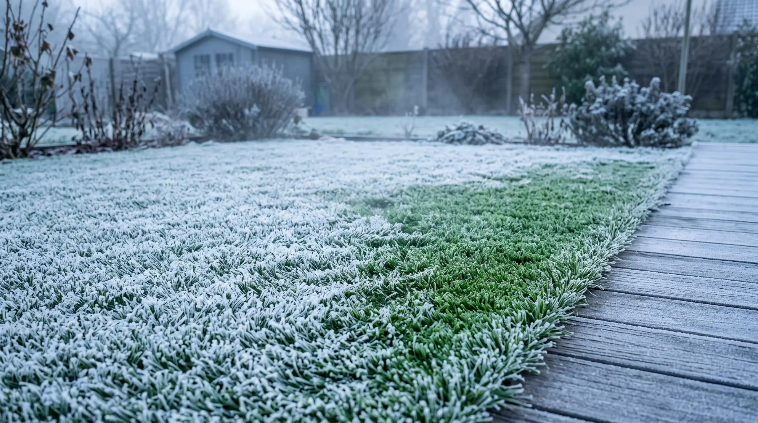 Gazon synthétique 40mm partiellement recouvert de givre blanc argenté matinal, cristaux de glace détaillés, brins verts émergeant des zones dégagées, terrasse bois gelée, lumière bleutée froide d'hiver