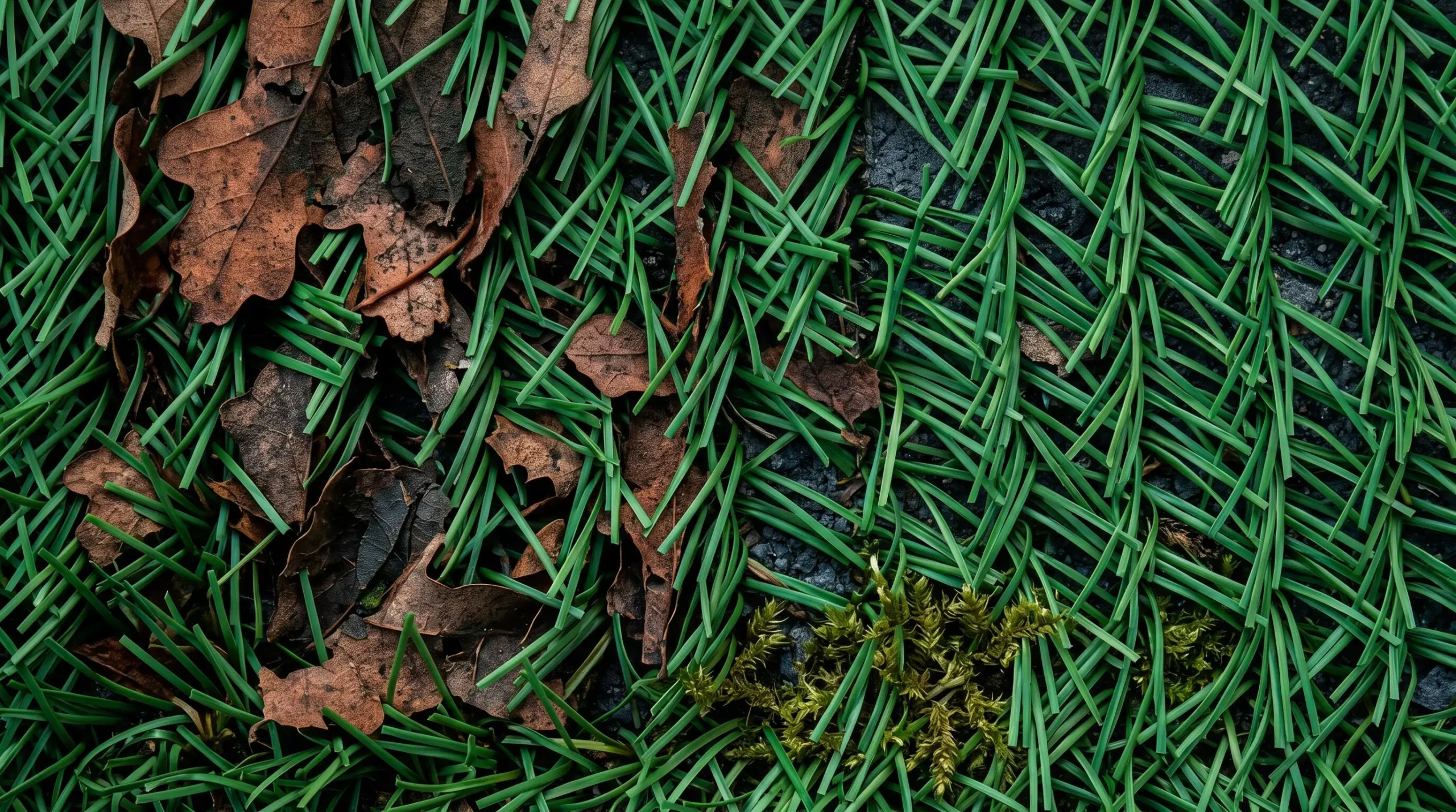 Vue macro rapprochée de feuilles mortes décomposées et mousse verdâtre coincées entre les brins verts d'un gazon synthétique 35mm, éclairage latéral révélant la profondeur entre fibres